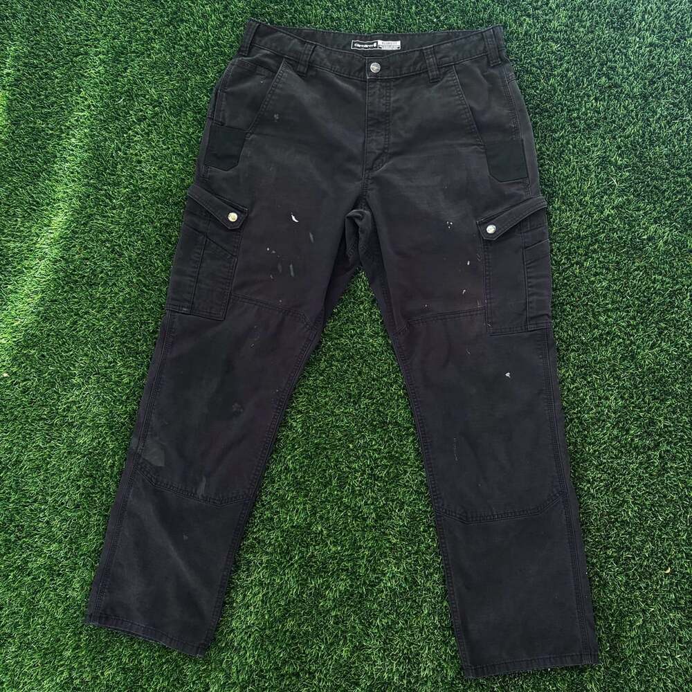 Carhartt Relaxed Fit Ripstop Double-Knee Black Cargo Pants 36x32 Distressed